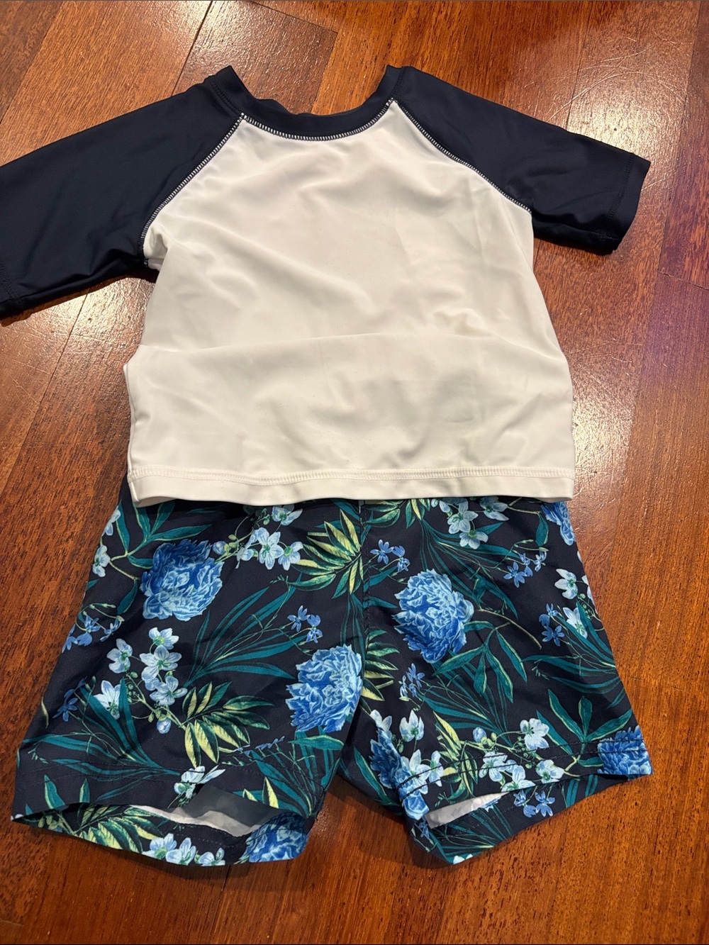 Old Navy White & Navy Rash Guard with Blue Floral Swim Shorts